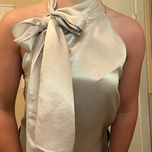 Silky Silver Sleeveless Top with Bow